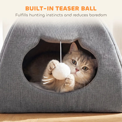 PawHut Cat Cave Bed for Indoor Kittens, Cat House with Removable Cushion and Teaser Ball, Kitty Igloo, Grey