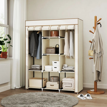 HOMCOM Fabric Cloth Wardrobe Clothes Organizer with Rails and Shelves - Cream White
