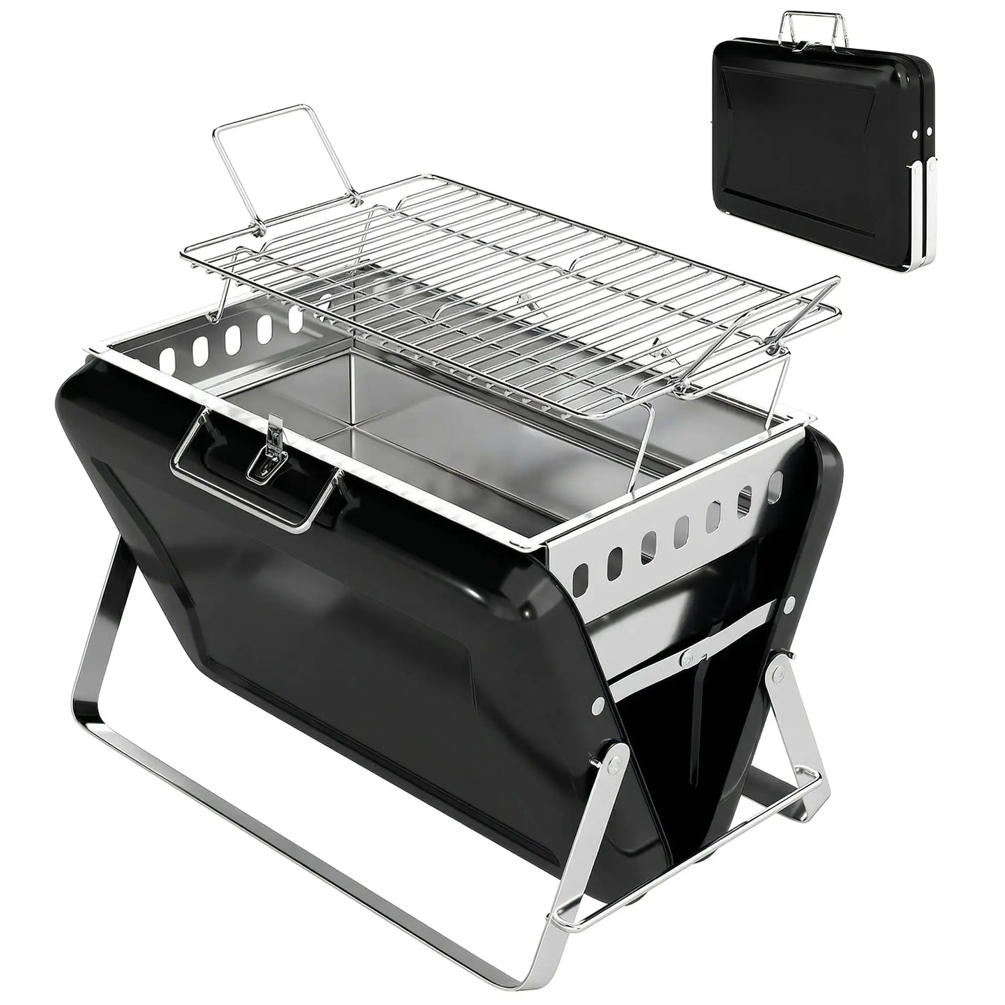 Outsunny Charcoal BBQ Grill Portable Stainless Steel Barbecue with Tilting Grate for Camping Picnic, Black