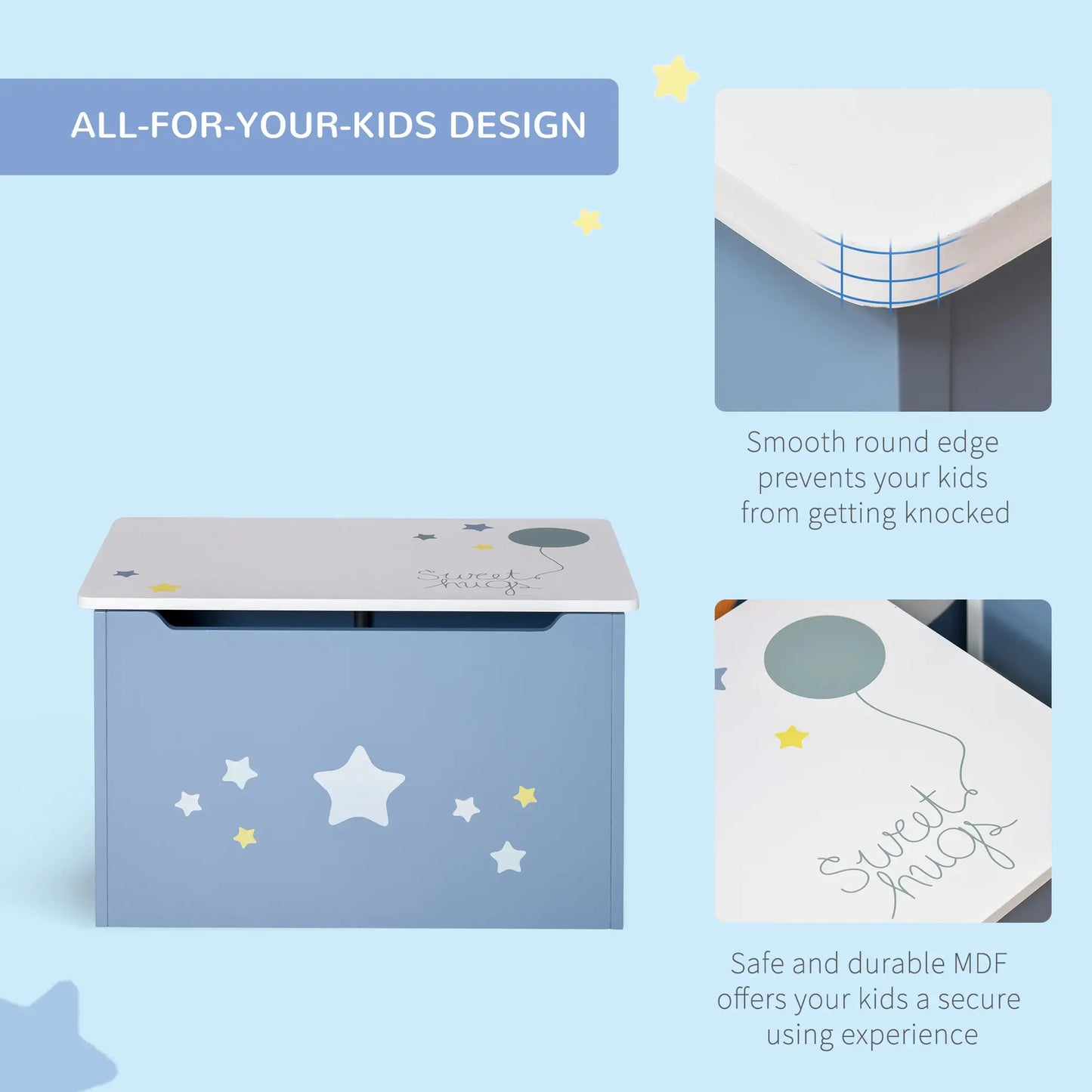HOMCOM Kids Wooden Toy Box Children Storage Chest Organiser Side Handle, Safety Hinge Play, Blue
