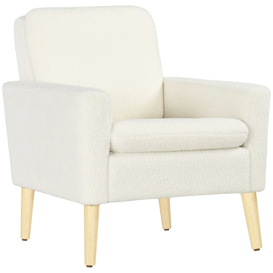 HOMCOM Armchair, Upholstered Accent Chair with Wood Legs & Wide Padded Seat, Teddy Occasional Chair, Cream White