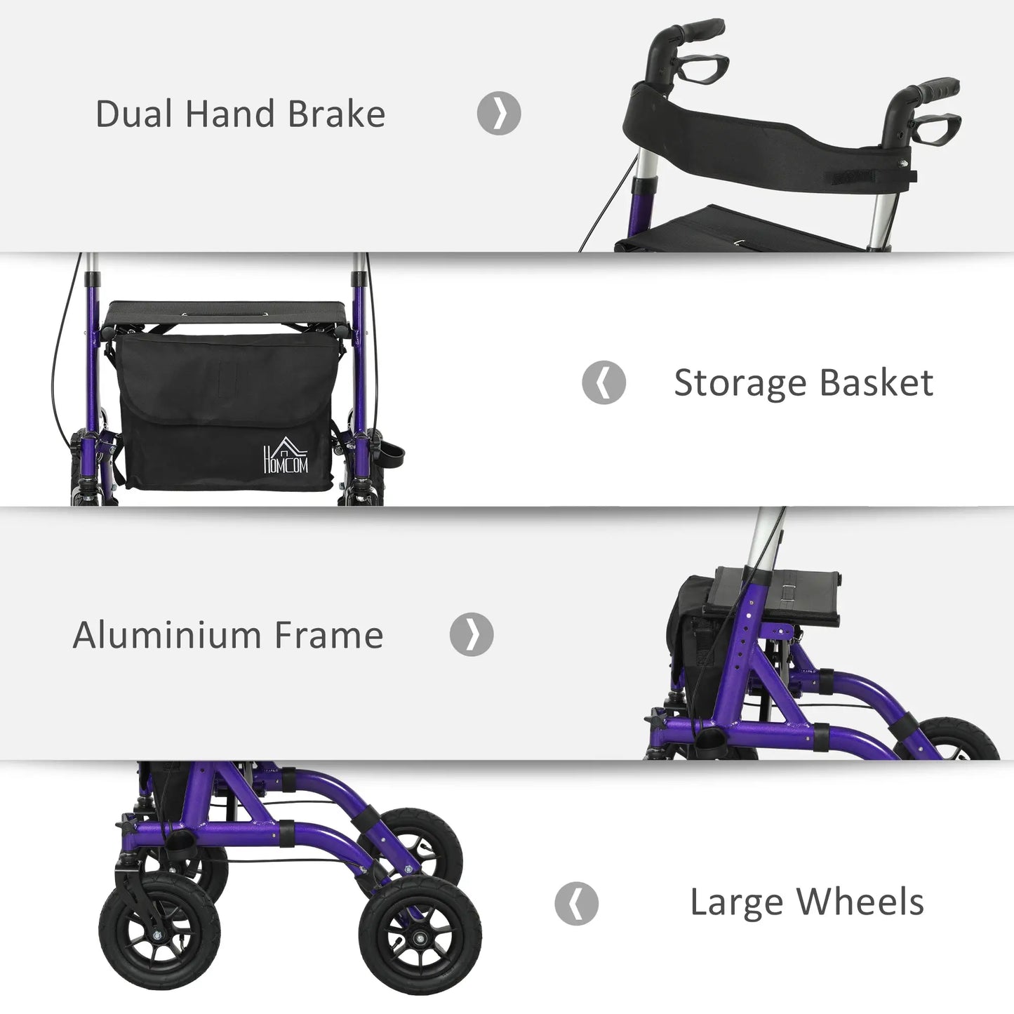 HOMCOM 4 Wheeled Folding Rollator Walker with Seat, Backrest, Lightweight Walking Frame with Dual Brakes, Adjustable Handle Height, Purple