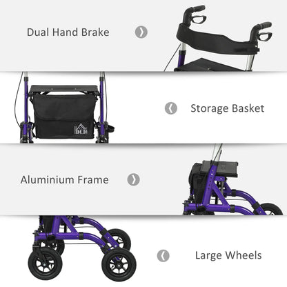 HOMCOM 4 Wheeled Folding Rollator Walker with Seat, Backrest, Lightweight Walking Frame with Dual Brakes, Adjustable Handle Height, Purple