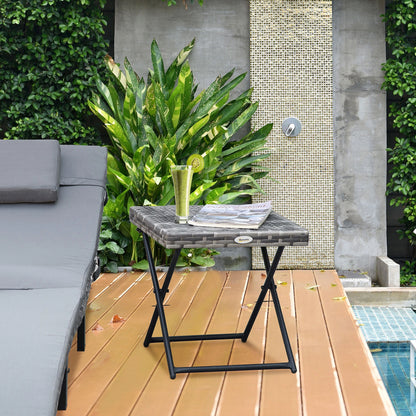 Outsunny Square PE Wicker Weave Rattan Folding Table, Weather Resistant Side Table with Steel Frame, Grey