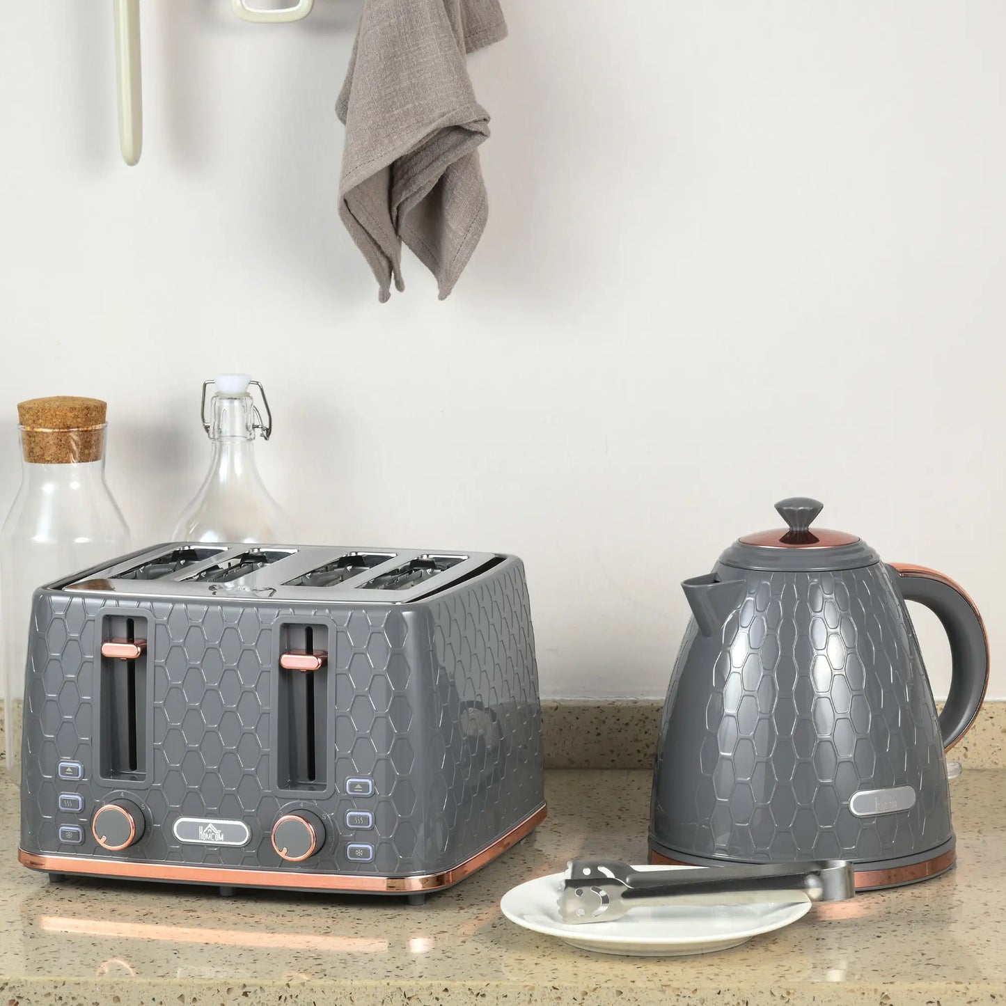 HOMCOM 1.7L 3000W Fast Boil Kettle & 4 Slice Toaster Kitchen Set with 7 Browning Controls, Crumb Tray, Grey