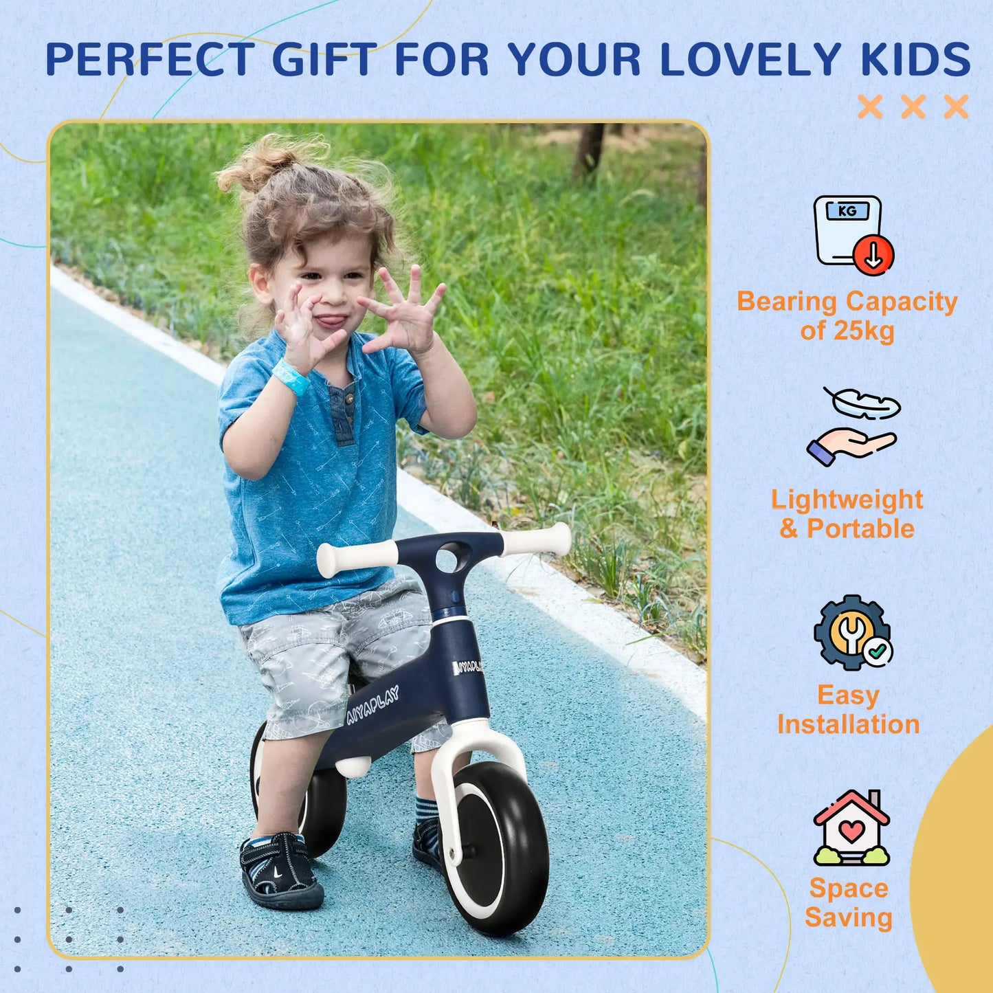 AIYAPLAY Ride-On Baby Balance Bike, with Adjustable Seat, for 1.5-3 Years - Blue