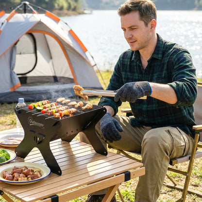 Outsunny 2-In-1 Portable BBQ Grill & Camping Fire Pit, Tabletop Charcoal Barbecue Grill with Gripper, Gloves & Carry Bag