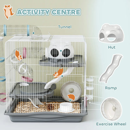 PawHut 3-Tier Hamster Cage with Exercise Wheels, Water Bottle, Food Dish, for Dwarf Hamsters, Grey