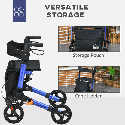 HOMCOM 4 Wheel Rollator with Seat and Back, Folding Mobility Walker with Carry Bag, Adjustable Height, Walking Frame for Seniors, Blue