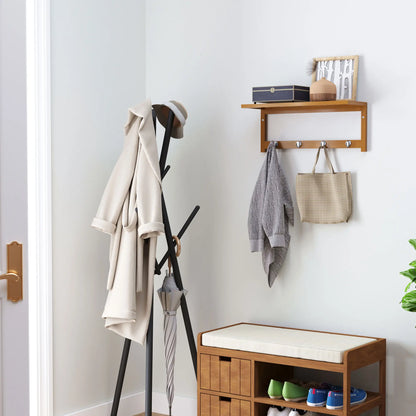 HOMCOM Wall Mounted Coat Clothes Hat Hanger 4 Hooks Rack Stand with Rail & Storage Shelf