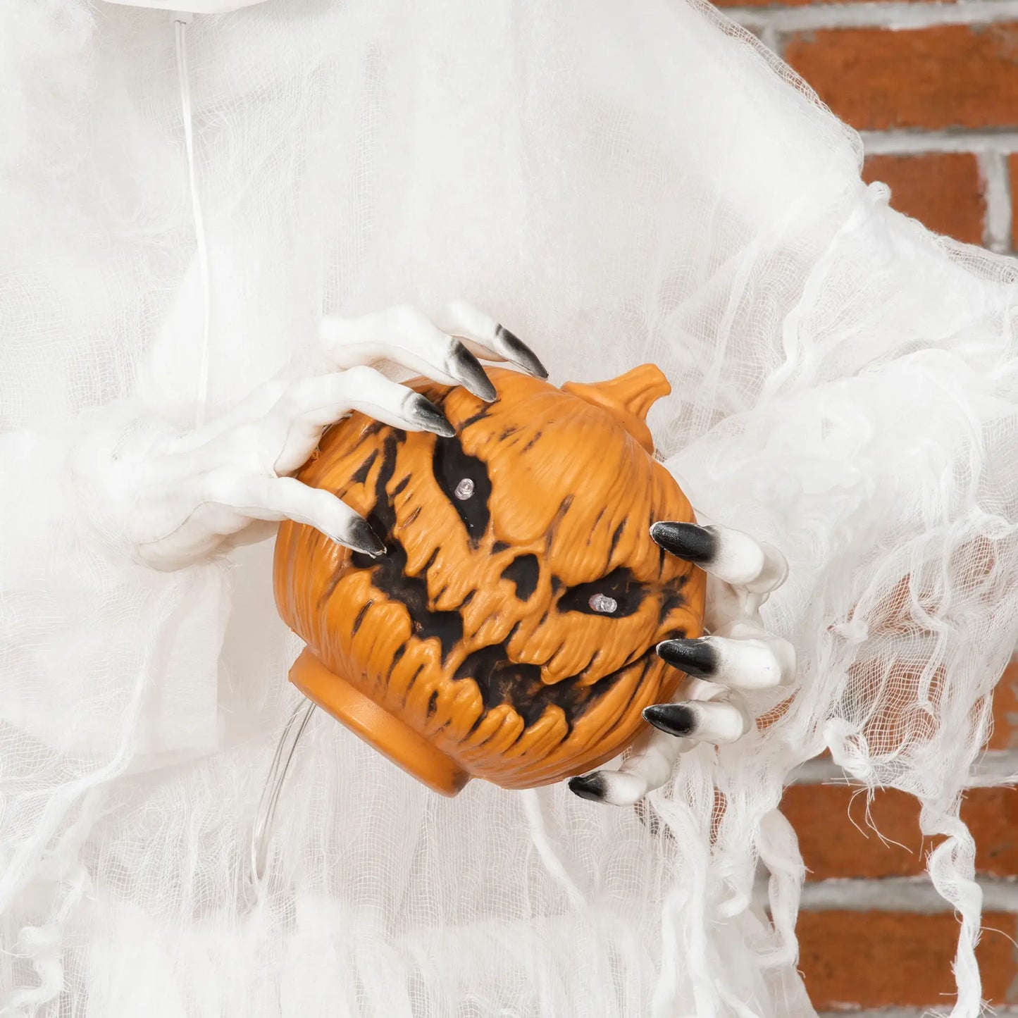 Outsunny Halloween Decorations White Witch Holding Pumpkin Head, Ghost Prop with Light Up Eyes & Body