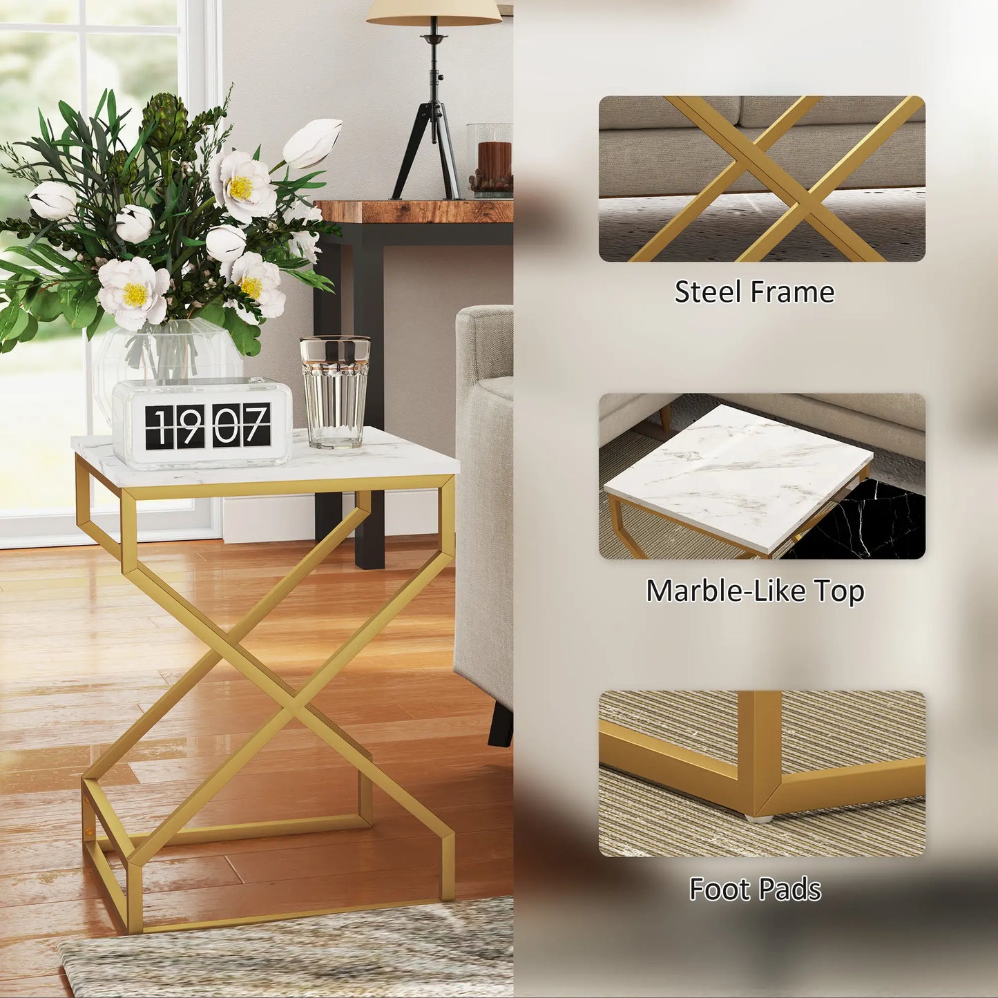 HOMCOM Set of Two Side Table Marble-Effect Nesting Bedside Tables