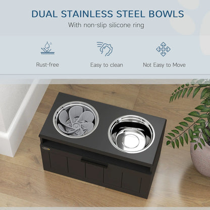PawHut Raised Dog Bowl with Slow Feeder, Two Stainless Steel Bowls, Drawer for Large & Extra Large Dogs, Black