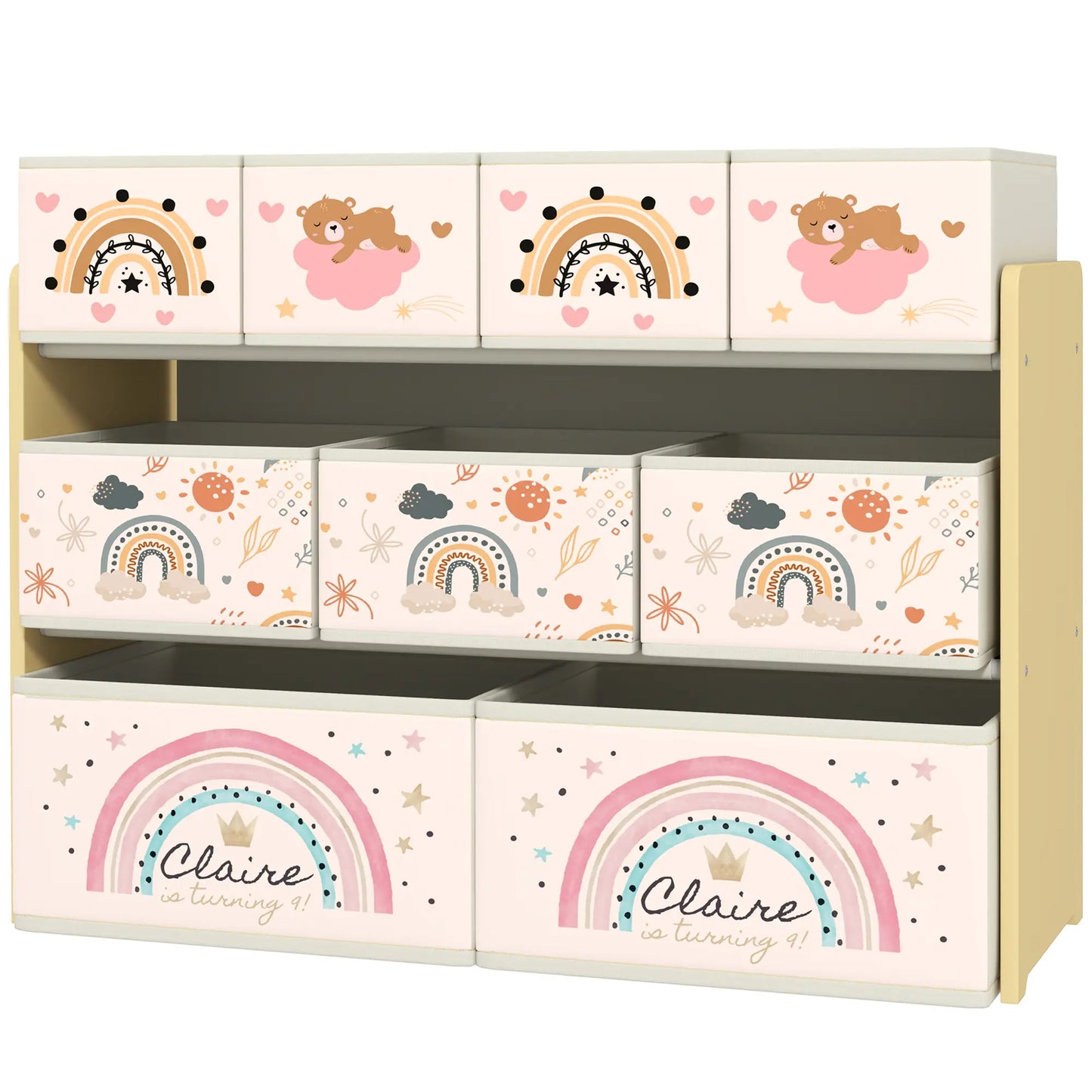 AIYAPLAY 3-Tier Kids Storage Unit with 9 Non-Woven Fabric Boxes for Toys, Books, for Bedroom, Nursery, Yellow