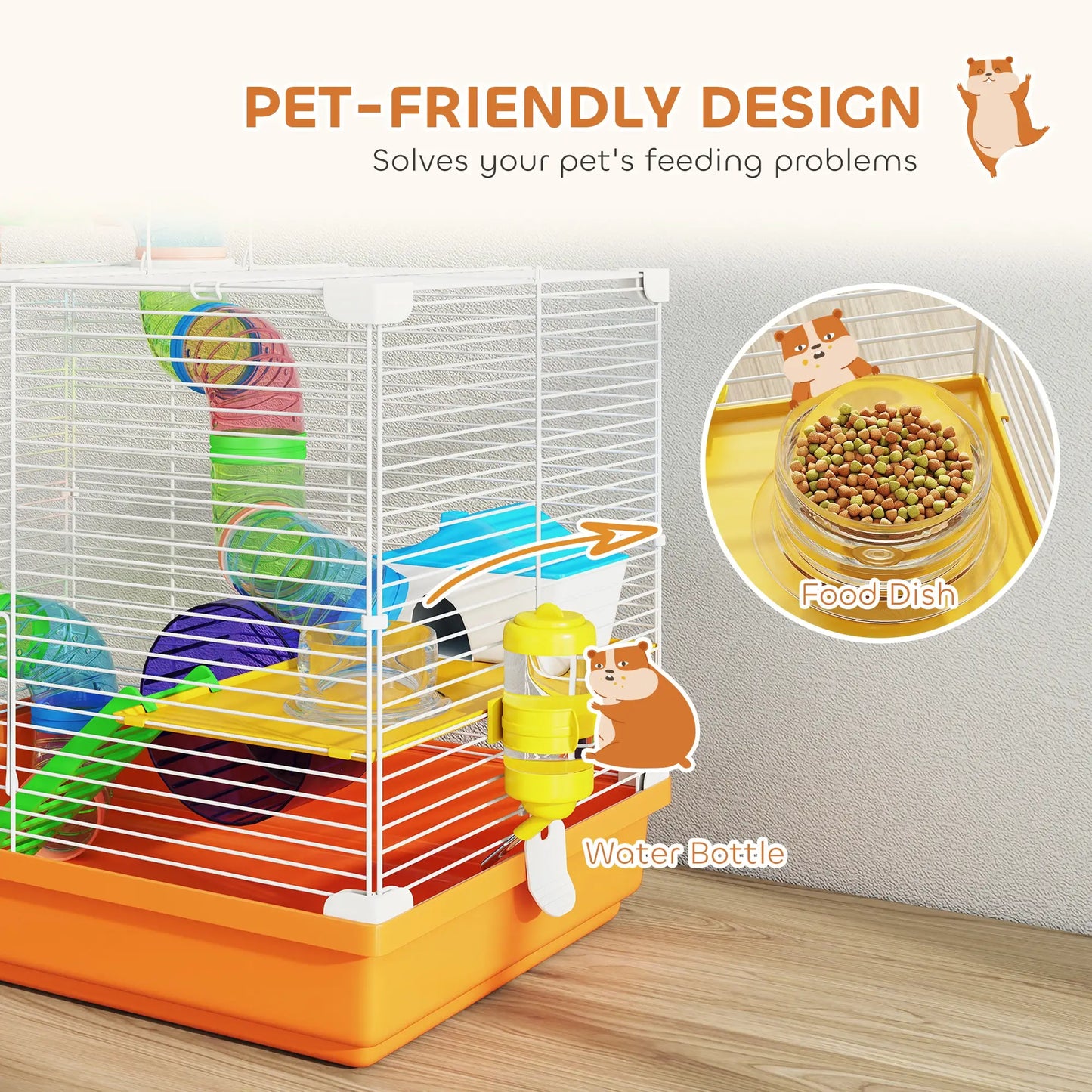 PawHut 2 Tier Hamster Cage, Gerbil Cage with Handle, Exercise Wheels, Tunnel, Water Bottle, Ladder for Dwarf