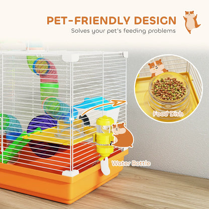 PawHut 2 Tier Hamster Cage, Gerbil Cage with Handle, Exercise Wheels, Tunnel, Water Bottle, Ladder for Dwarf