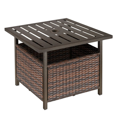 Rattan Garden Coffee Table, Square Wicker Patio Side Table with Umbrella Hole, Metal Bottom for Outdoor, Brown