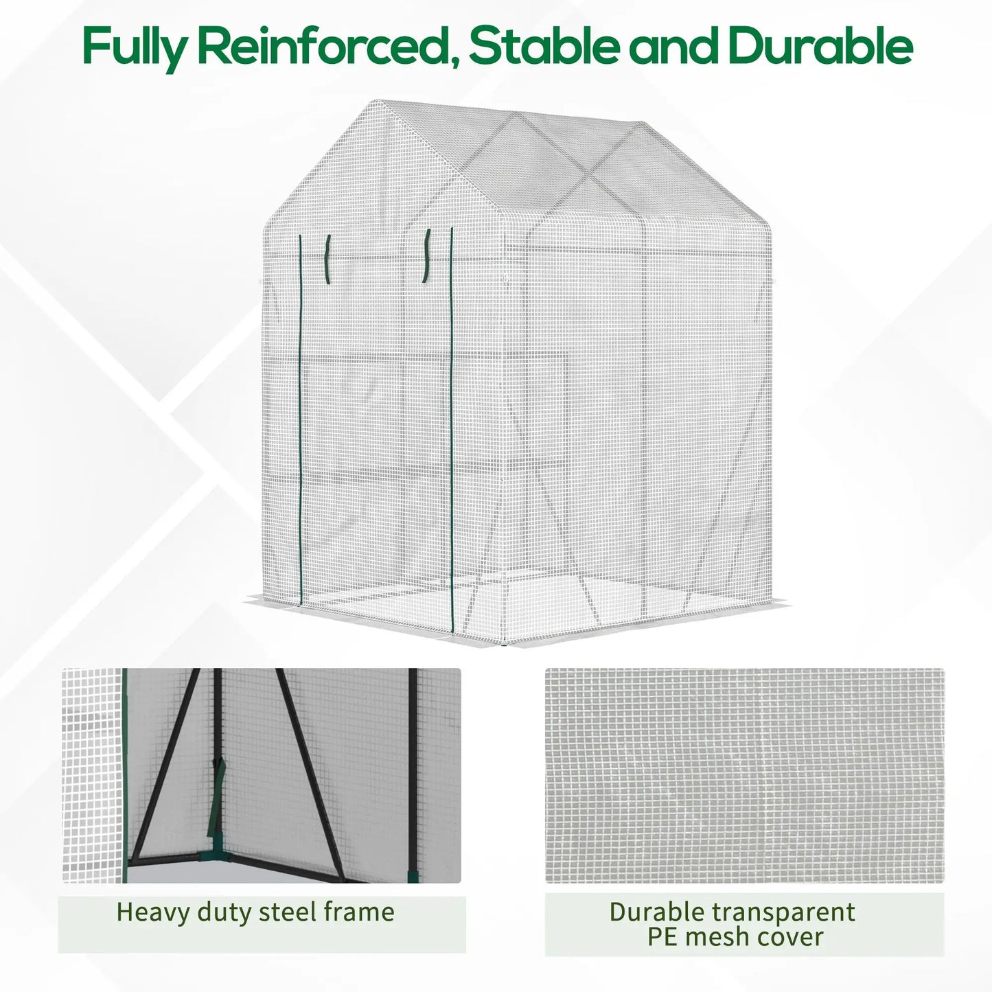 Outsunny Walk In Greenhouse Portable Gardening Plant Grow House Reinforced PE Cover with 2 Tier Shelf & Roll Up Zip Panel Door