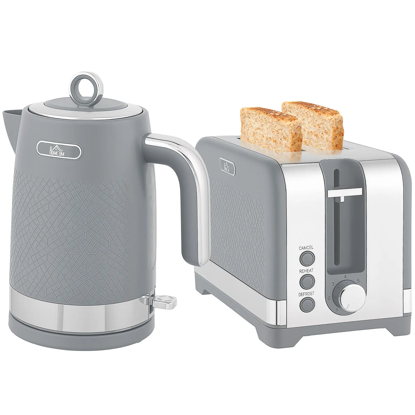 HOMCOM Sleek Textured Rapid Boil Kettle & Two-Slice Toaster Kitchen Set - Grey