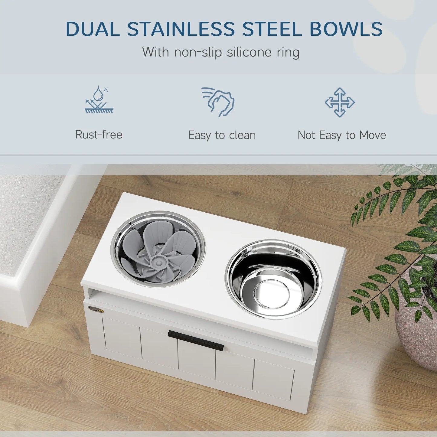 PawHut Raised Dog Bowl with Slow Feeder, Two Stainless Steel Bowls, Drawer for Large & Extra Large Dogs, White
