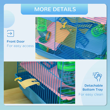 PawHut Hamster Cage, 5 Tier Carrier Habitat with Exercise Wheels Tunnel Tube House Ladder, Gerbil Cage for Dwarf Mice, Blue