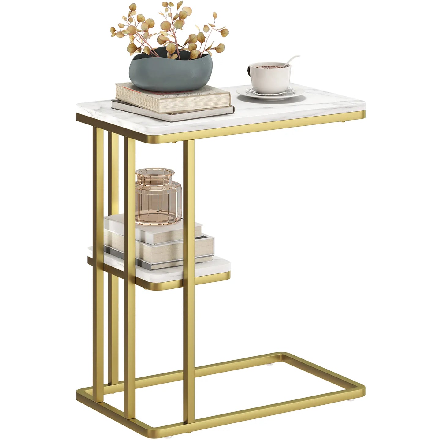 HOMCOM C-Shaped Narrow Side Table, 2-Tier Slim End, Nightstand for Living Room, Bedroom, White Marble Grain