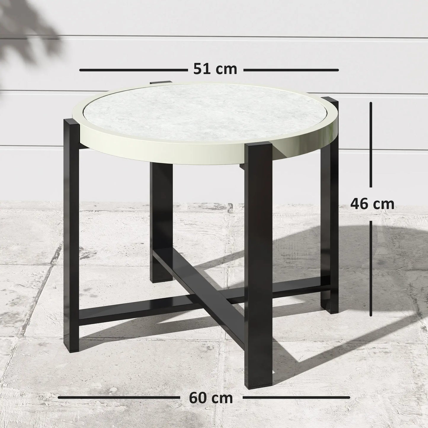 Outsunny Round Small Garden Outdoor Side Table with Faux Marble Tempered Glass Top, Aluminium Frame, Light Grey
