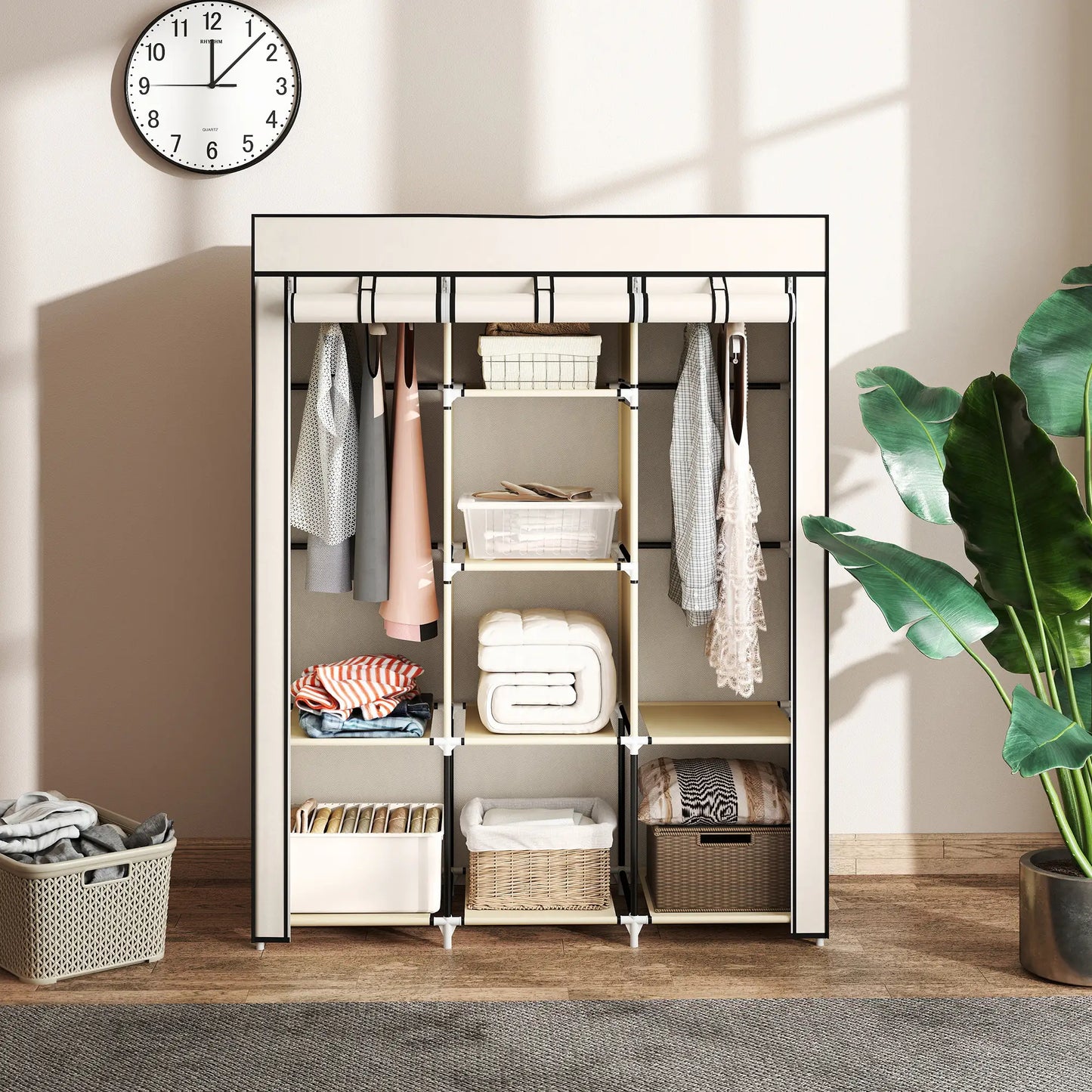 HOMCOM Fabric Cloth Wardrobe Clothes Organizer with Rails and Shelves - Cream White