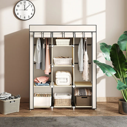 HOMCOM Fabric Cloth Wardrobe Clothes Organizer with Rails and Shelves - Cream White