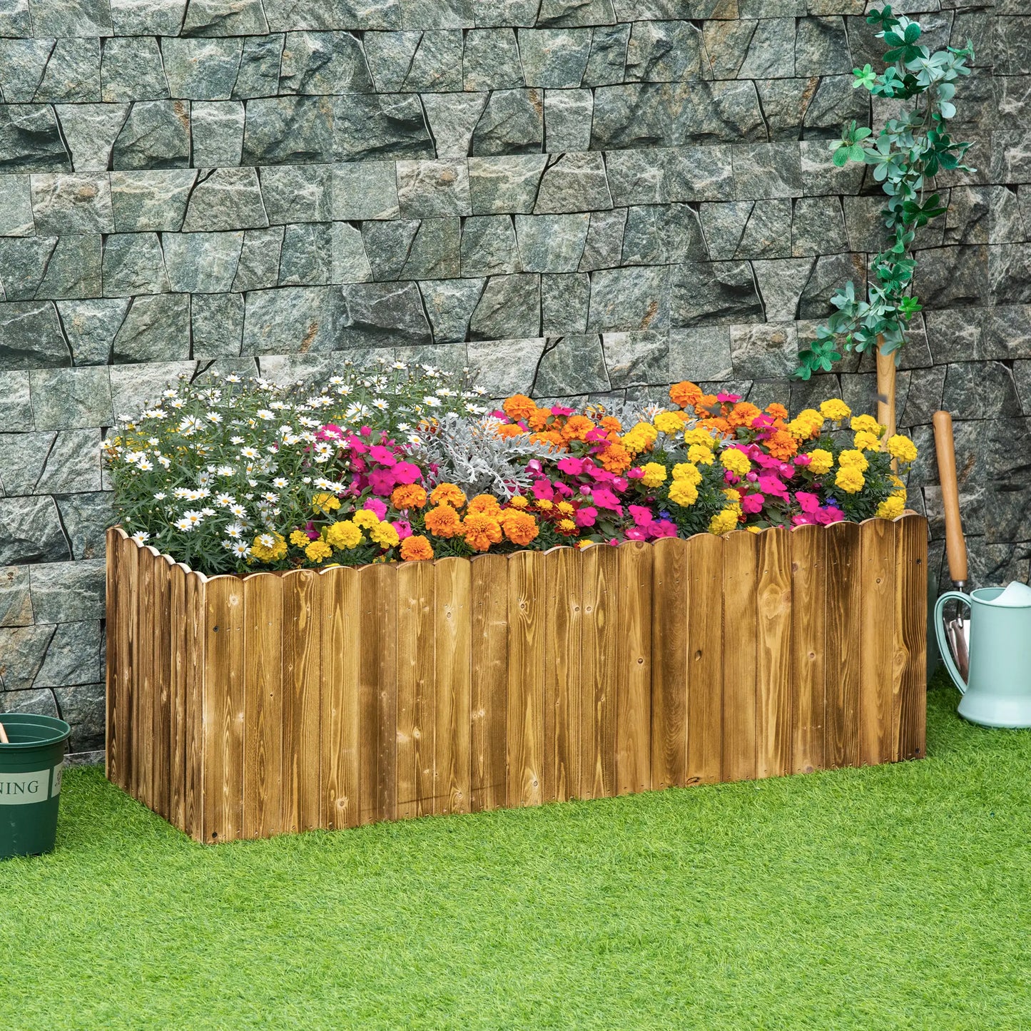 Outsunny 172L Raised Garden Bed, Wooden Rectangle Planter Box, Outdoor Herb Vegetable Flower Pot