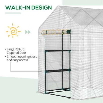 Outsunny Walk In Greenhouse Portable Gardening Plant Grow House Reinforced PE Cover with 2 Tier Shelf & Roll Up Zip Panel Door