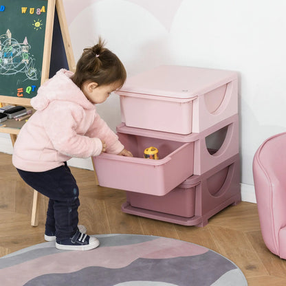 HOMCOM 3 Drawers Plastic Kids Storage Units, 3 Tier Children Toy Chest for Nursery, Playroom, Pink