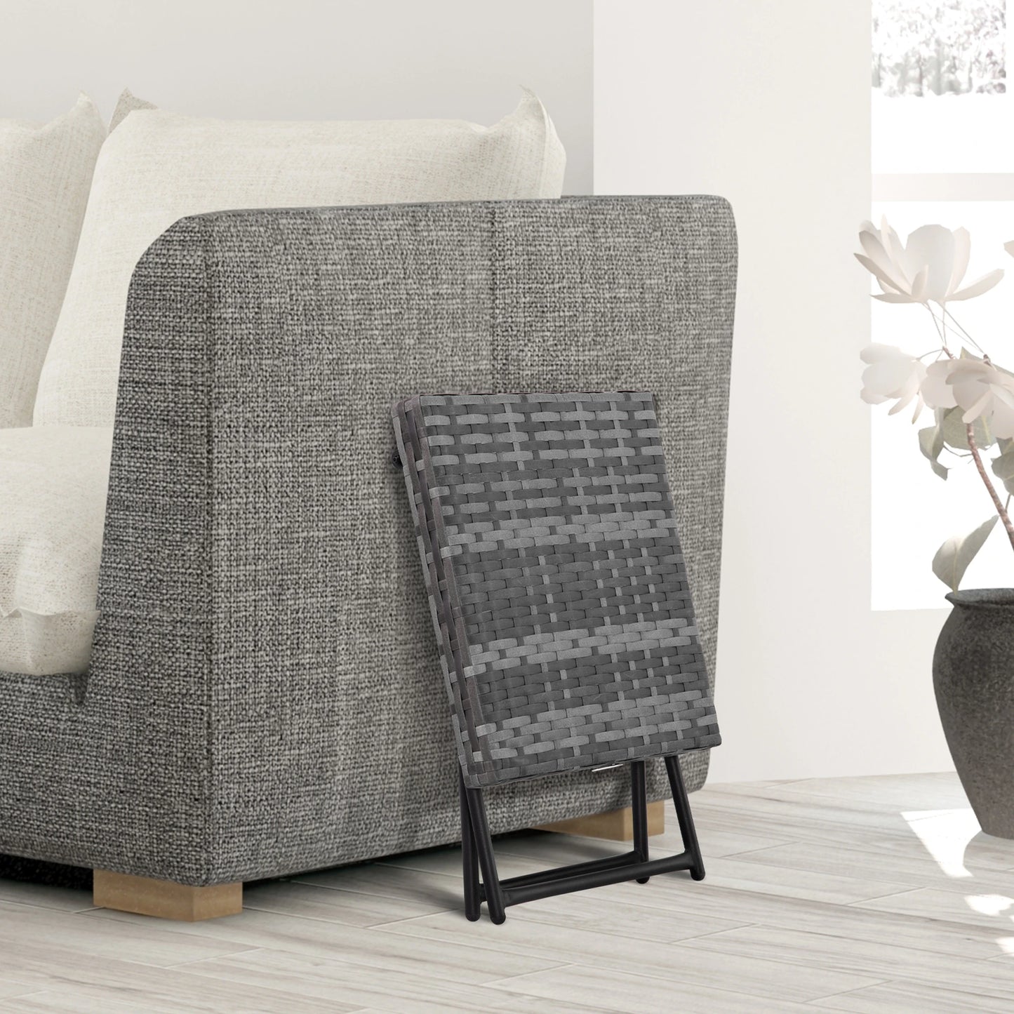 Outsunny Square PE Wicker Weave Rattan Folding Table, Weather Resistant Side Table with Steel Frame, Grey