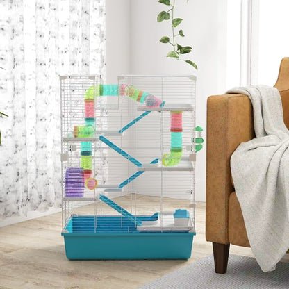 PawHut 6 Tier Hamster Cage, Small Animal Cage with Tubes, Exercise Wheel, Ramps, Hut, Food Dish, Water Bottle, Light Blue