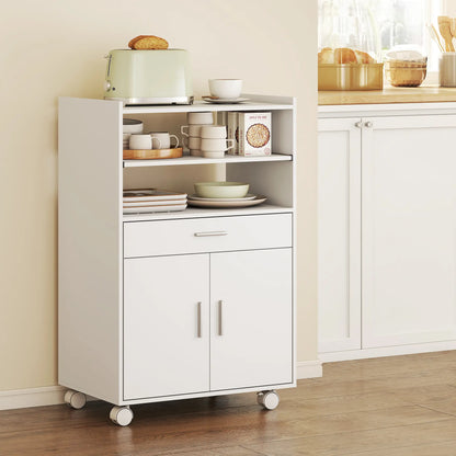 HOMCOM Kitchen Trolley with Wheels, Modern Mobile Microwave Stand with Slide-Out Shelf, Drawer & 2 Doors