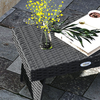 Outsunny Foldable Outdoor Side Table, Bistro Garden Rattan Coffee Table with Steel Frame, Black