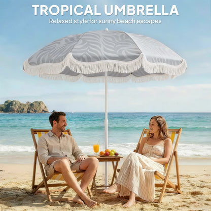 Outsunny Beach Umbrella Parasol with Sand Anchor, Portable Tilting Garden Parasol with Adjustable Height, Light Grey