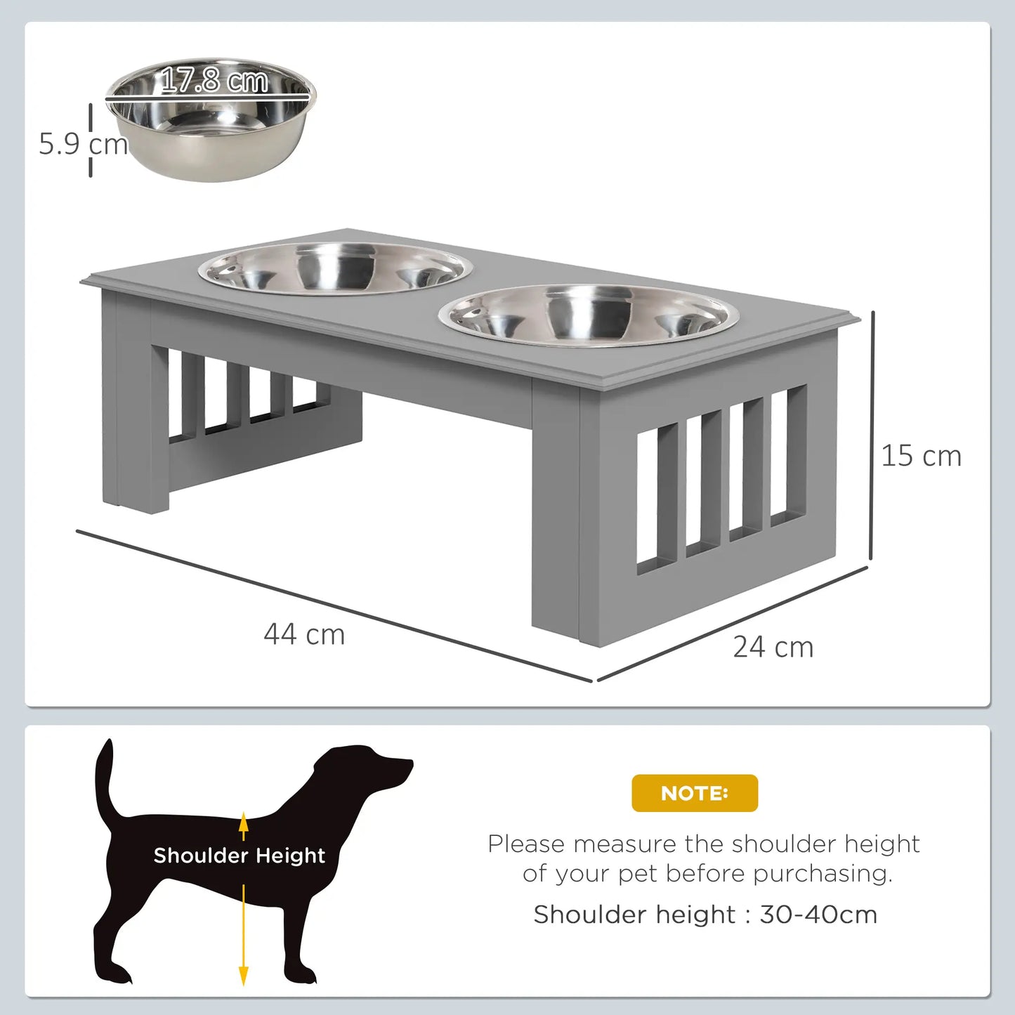 PawHut Raised Dog Feeding Bowls with Stand, Stainless Steel for Extra Small & Small Dog - Grey