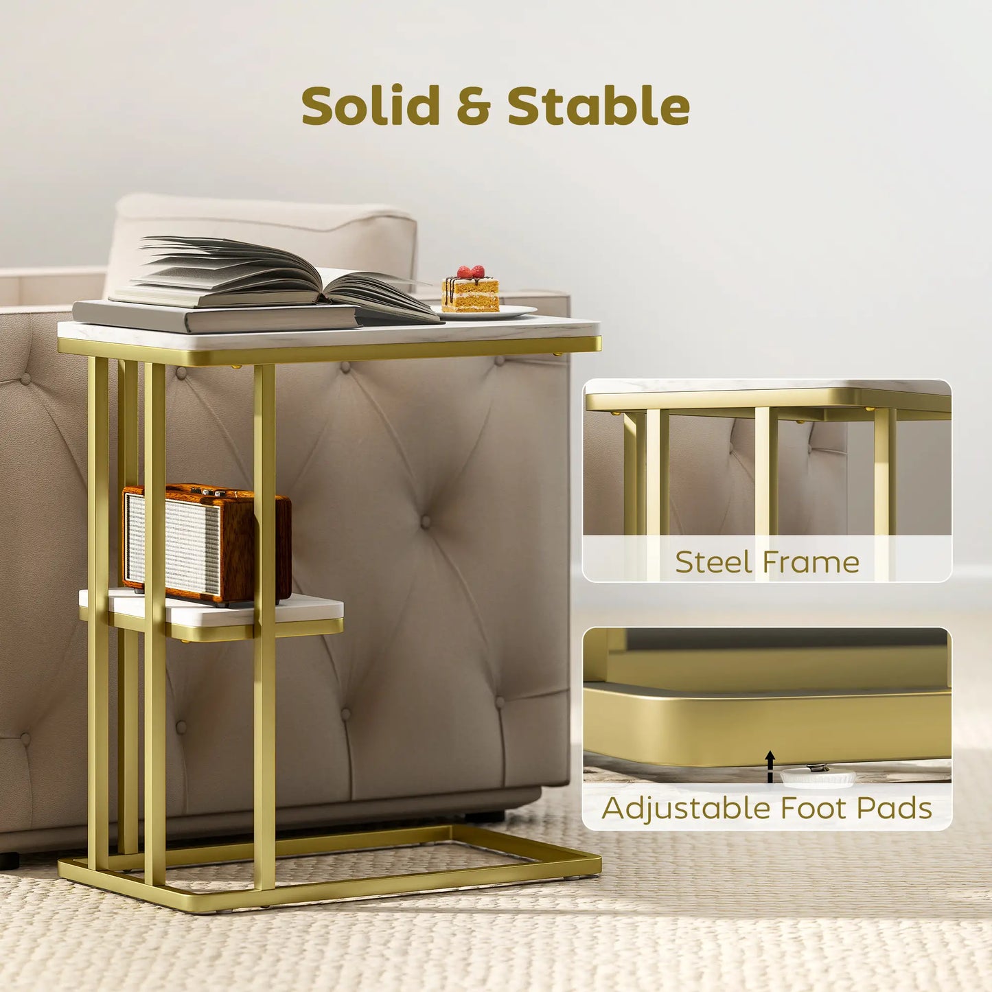 HOMCOM C-Shaped Narrow Side Table, 2-Tier Slim End, Nightstand for Living Room, Bedroom, White Marble Grain