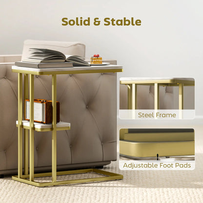HOMCOM C-Shaped Narrow Side Table, 2-Tier Slim End, Nightstand for Living Room, Bedroom, White Marble Grain
