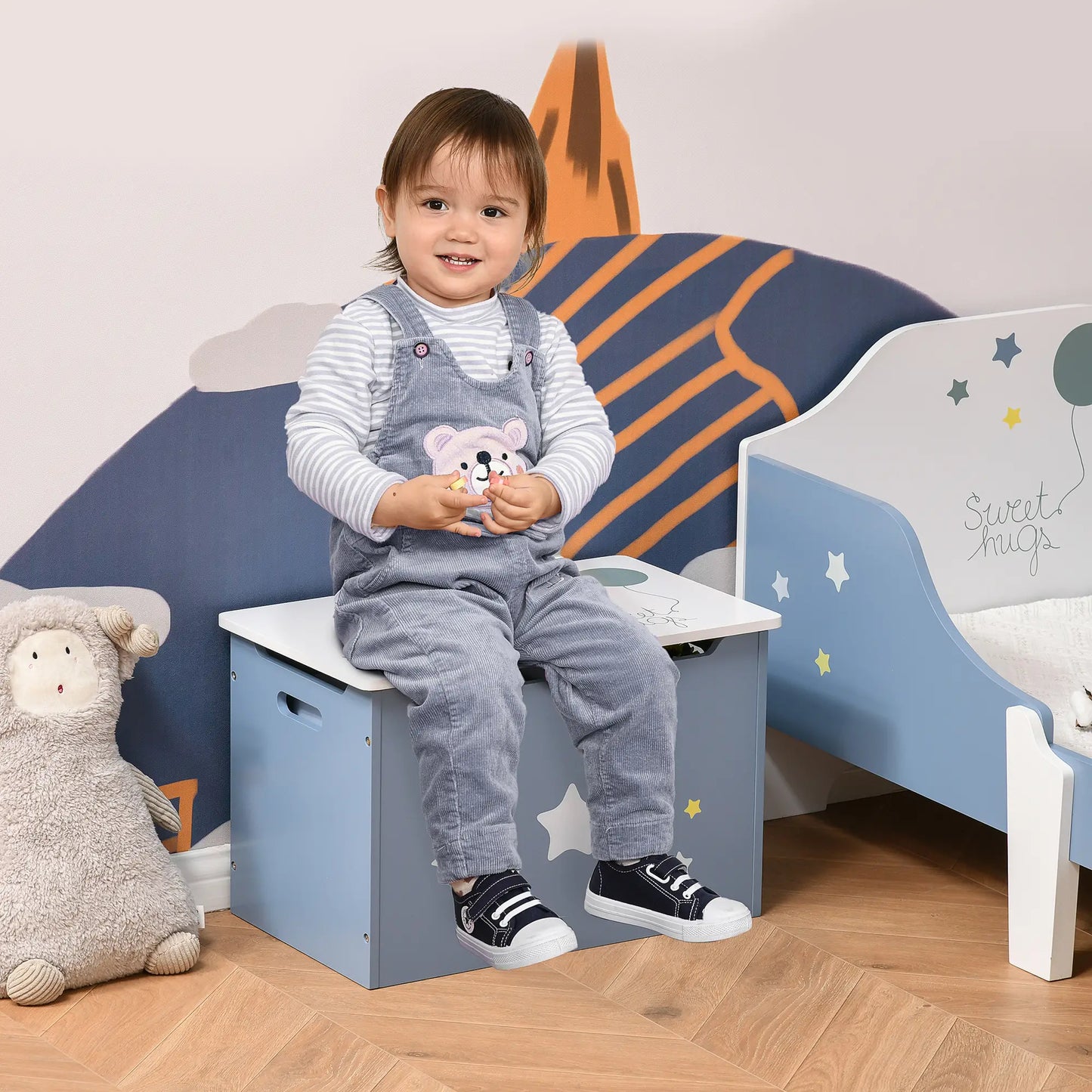 HOMCOM Kids Wooden Toy Box Children Storage Chest Organiser Side Handle, Safety Hinge Play, Blue