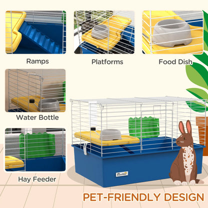 PawHut Chinchillas Small Rabbit Guinea Pig Small Animal Cage, Pet Playhouse with Platform, Ramp, Blue