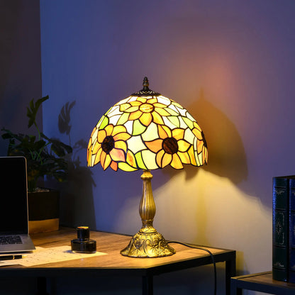 HOMCOM Tiffany Stained Glass Table Lamp, Handmade Antique Bedside Lamp, Night Light, Orange Sunflower