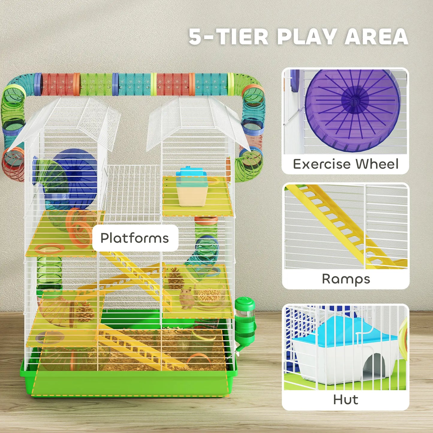 PawHut Hamster Cage, 5 Tier Carrier Habitat with Exercise Wheels Tunnel Tube, Gerbil Cage for Dwarf Mice, Green