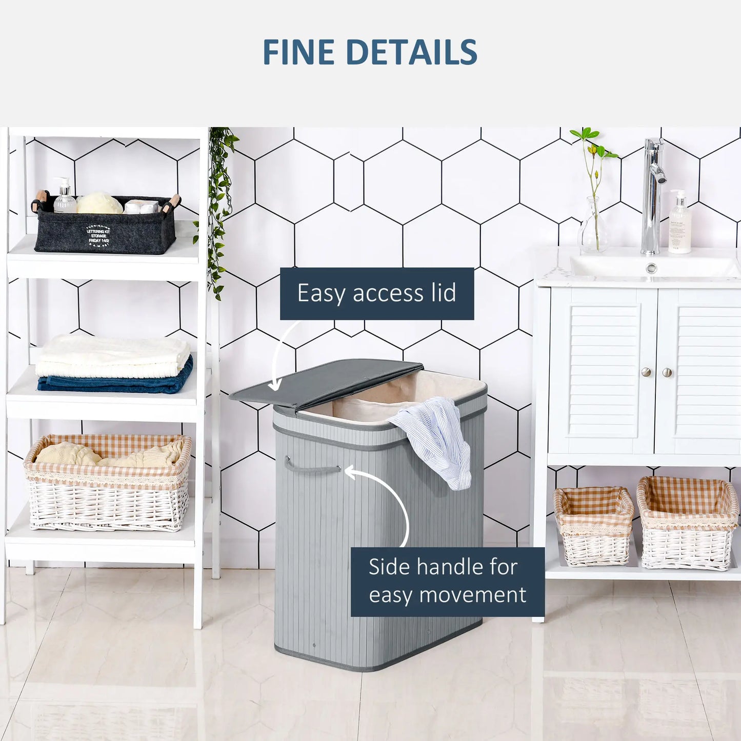 HOMCOM 100L Natural Wood Laundry Basket Compartment w/Flip Lid Removable Lining Handles Foldable, Dirty Clothes Storage, Grey
