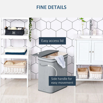 HOMCOM 100L Natural Wood Laundry Basket Compartment w/Flip Lid Removable Lining Handles Foldable, Dirty Clothes Storage, Grey