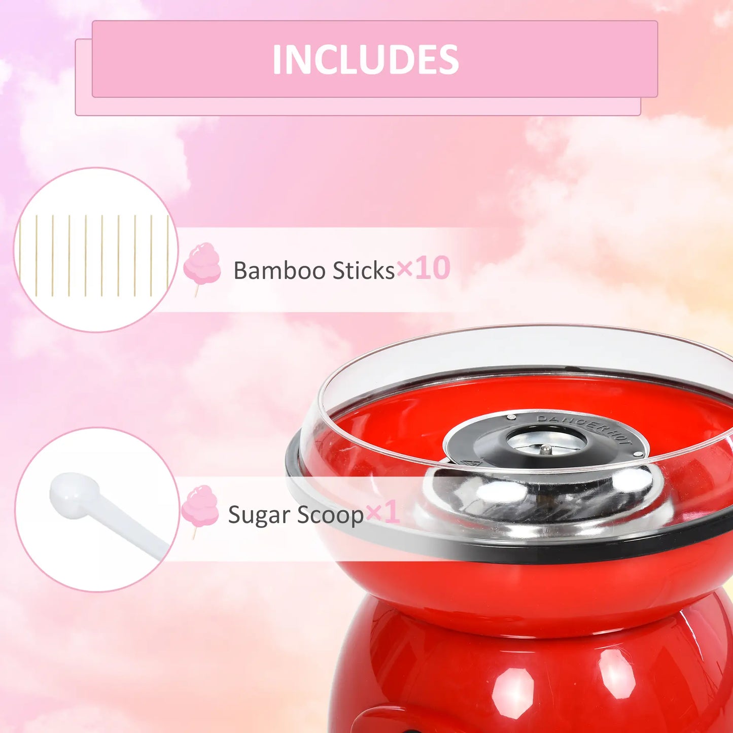 HOMCOM 450W Cotton Candy Floss Machine, with Candyfloss Sticks, Spoon, Splash Guard, Non-Slip Base, Red