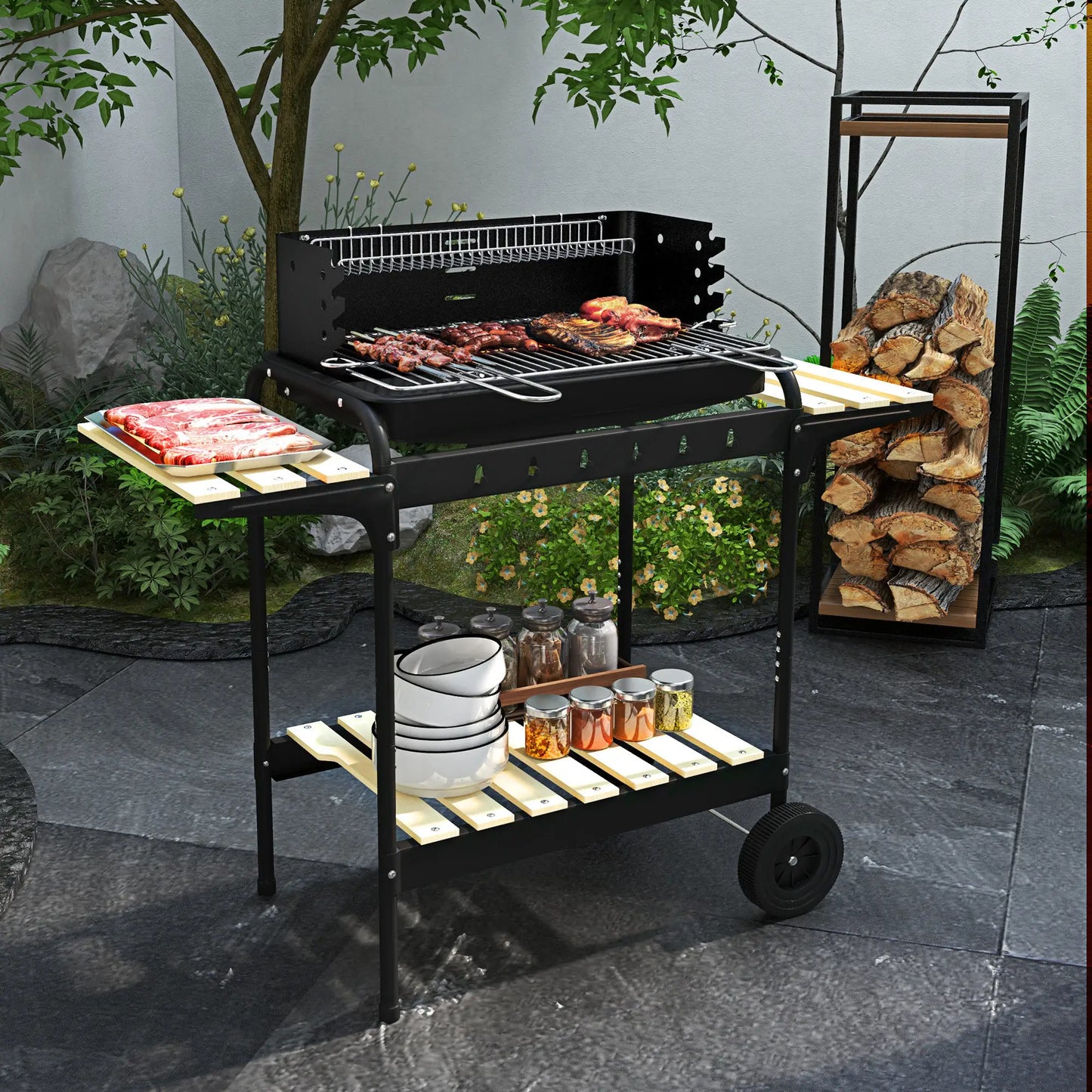 Outsunny Charcoal Barbecue Grill with Adjustable Height, Portable BBQ Trolley with Ash Catcher for Outdoor Garden Party Cooking, Black