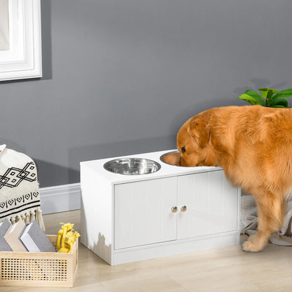 PawHut Raised Dog, Pet Feeder with Two Bowls, Storage - White