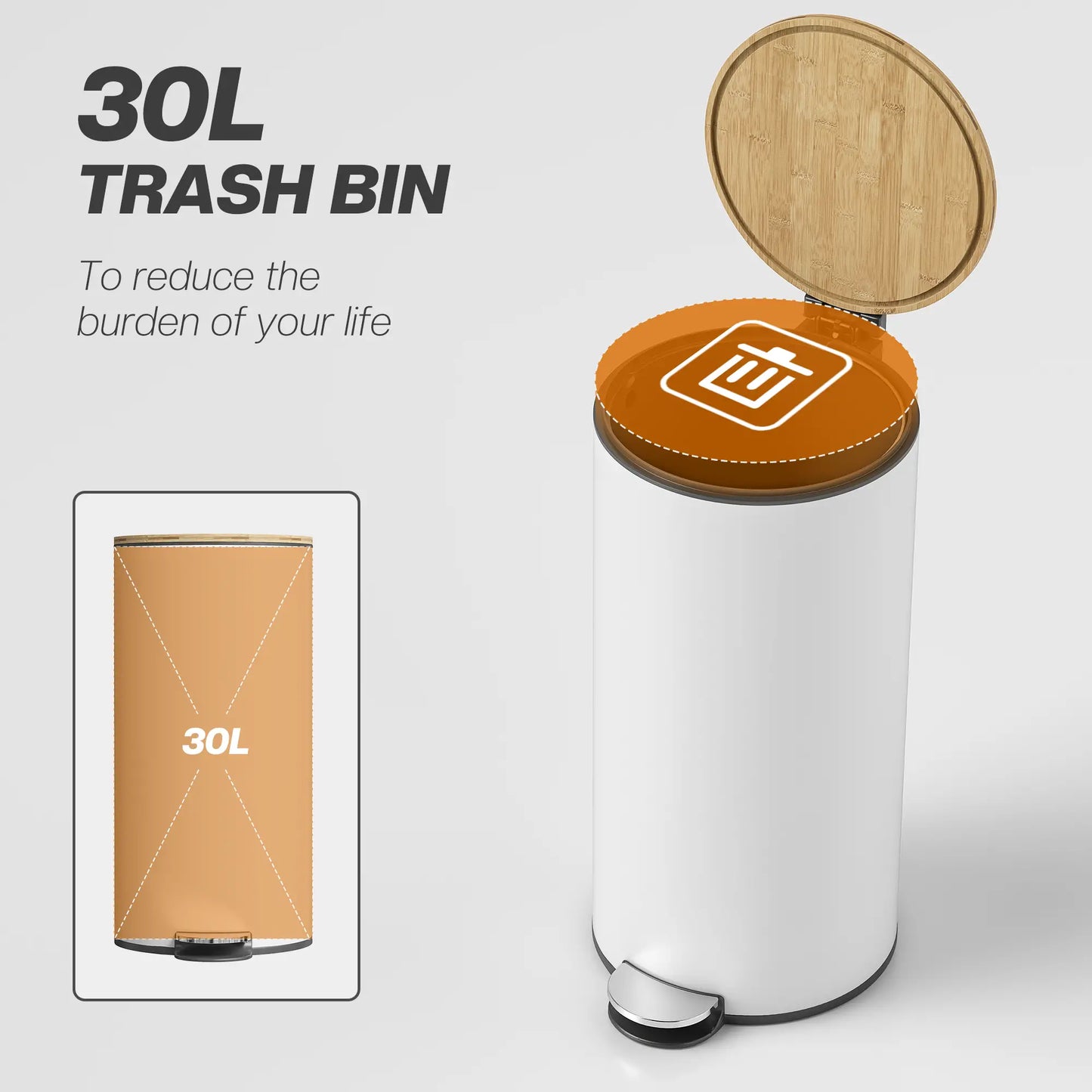 HOMCOM Kitchen Bin, 30 Litre Pedal Rubbish Bin with Removable Bucket, White, Natural